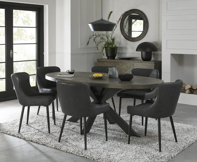 Bentley Designs Ellipse fumed oak 6 seater dining table with 6 Cezanne chairs- dark grey faux leather