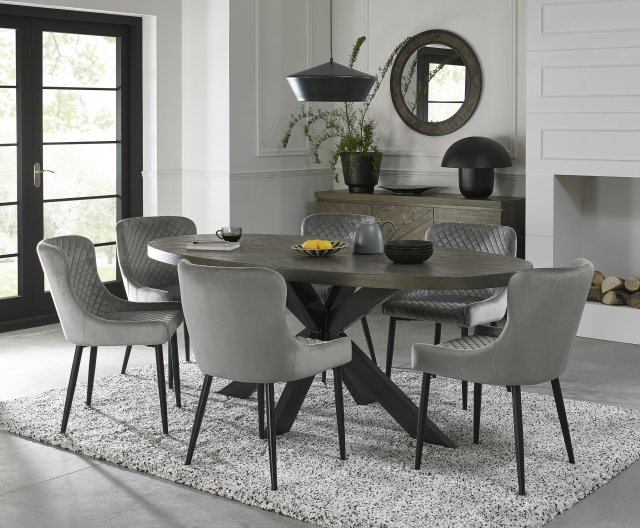 Bentley Designs Ellipse fumed oak 6 seater dining table with 6 Cezanne chairs- grey velvet fabric