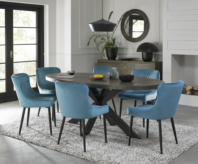 Bentley Designs Ellipse fumed oak 6 seater dining table with 6 Cezanne chairs- petrol blue velvet fabric