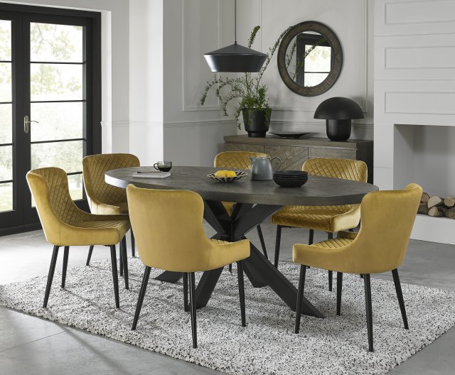 Bentley Designs Ellipse fumed oak 6 seater dining table with 6 Cezanne chairs- mustard velvet fabric