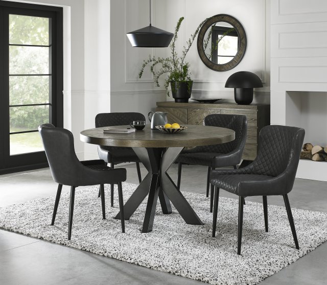 Bentley Designs Ellipse fumed oak 4 seater dining table with 4 Cezanne chairs- dark grey faux leather fabric