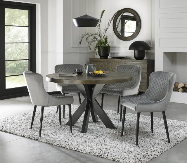 Bentley Designs Ellipse fumed oak 4 seater dining table with 4 Cezanne chairs- grey velvet fabric
