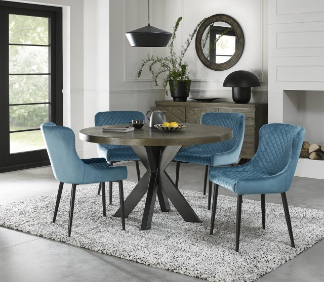 Bentley Designs Ellipse fumed oak 4 seater dining table with 4 Cezanne chairs- petrol blue velvet fabric