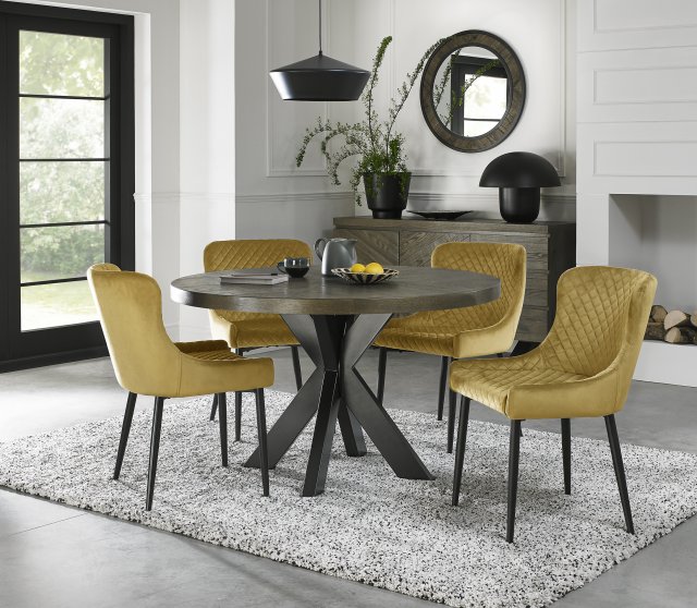 Bentley Designs Ellipse fumed oak 4 seater dining table with 4 Cezanne chairs- mustard velvet fabric