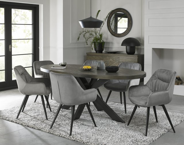 Bentley Designs Ellipse fumed oak 6 seater dining table with 6 Dali chairs- grey velvet fabric