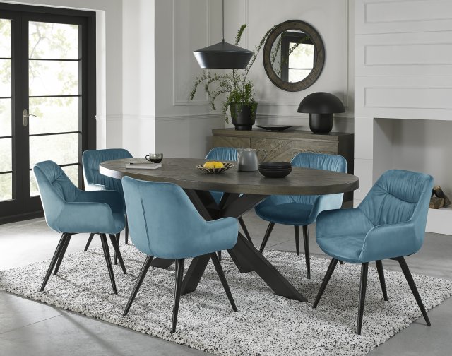 Bentley Designs Ellipse fumed oak 6 seater dining table with 6 Dali chairs- petrol blue velvet fabric