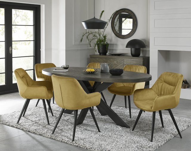 Bentley Designs Ellipse fumed oak 6 seater dining table with 6 Dali chairs- mustard velvet fabric