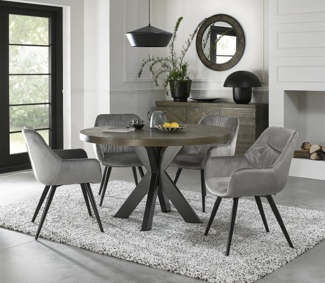 Bentley Designs Ellipse fumed oak 4 seater dining table with 4 Dali chairs- grey velvet fabric
