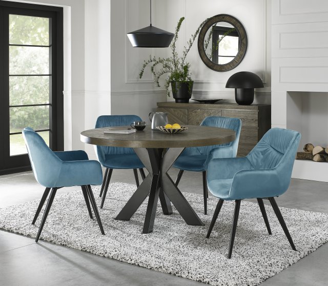 Bentley Designs Ellipse fumed oak 4 seater dining table with 4 Dali chairs- petrol blue velvet fabric