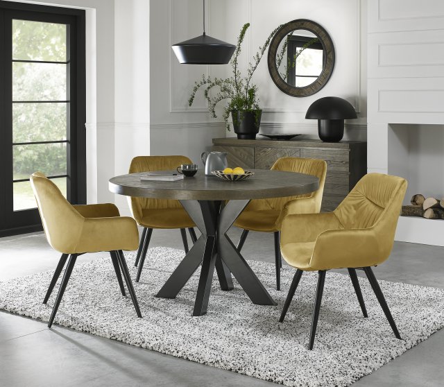 Bentley Designs Ellipse fumed oak 4 seater dining table with 4 Dali chairs- mustard velvet fabric