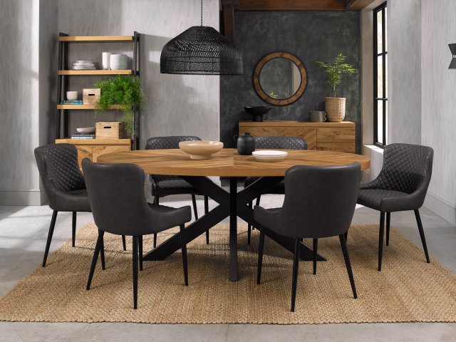 Bentley Designs Ellipse Rustic Oak 6 seater dining table with 6 Cezanne chairs- dark grey faux leather