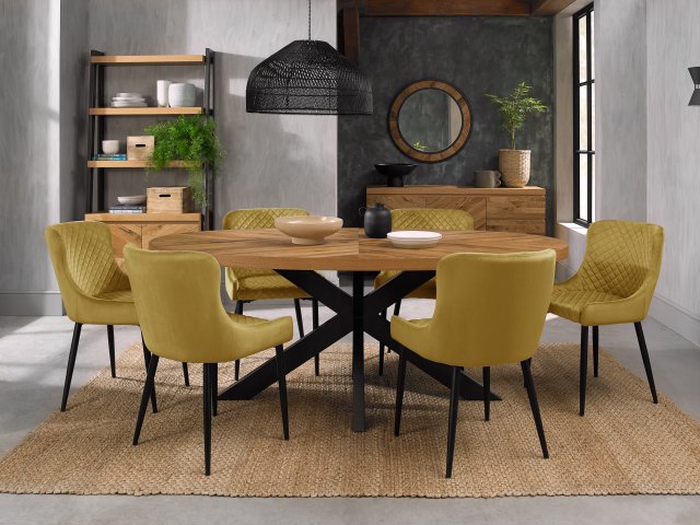 Bentley Designs Ellipse Rustic Oak 6 seater dining table with 6 Cezanne chairs- mustard velvet fabric