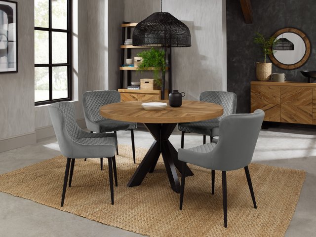 Bentley Designs Ellipse Rustic Oak 4 seater dining table with 4 Cezanne chairs- grey velvet fabric