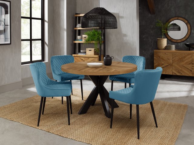 Bentley Designs Ellipse Rustic Oak 4 seater dining table with 4 Cezanne chairs- petrol blue velvet fabric