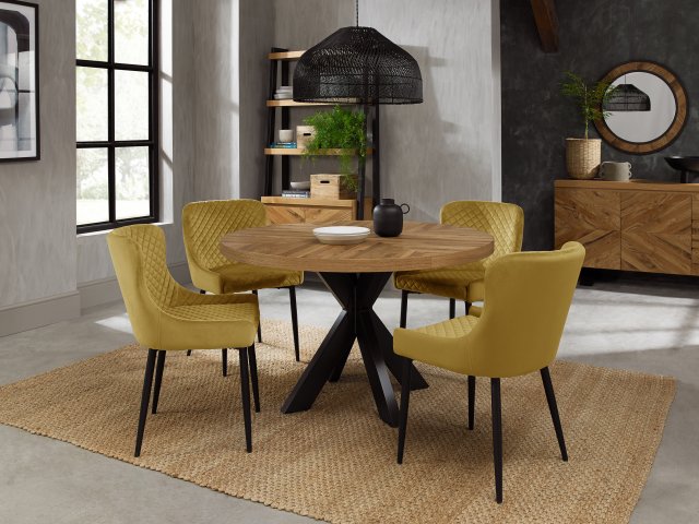 Bentley Designs Ellipse Rustic Oak 4 seater dining table with 4 Cezanne chairs- mustard velvet fabric