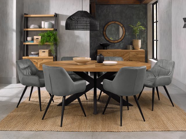 Bentley Designs Ellipse Rustic Oak 6 seater dining table with 6 Dali chairs- grey velvet fabric