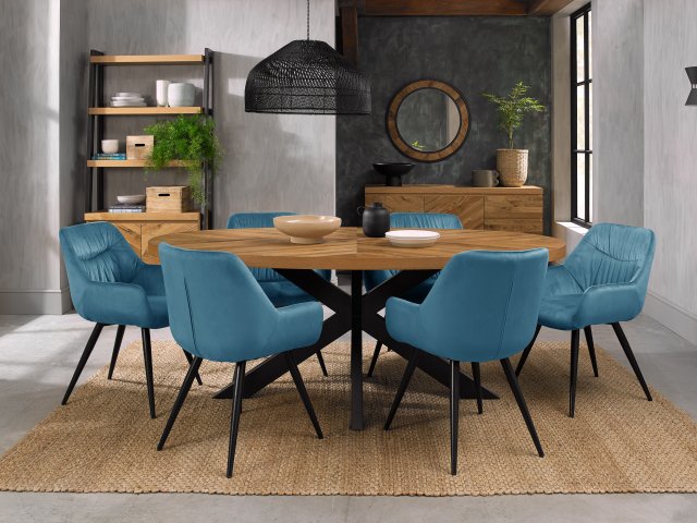 Bentley Designs Ellipse Rustic Oak 6 seater dining table with 6 Dali chairs- petrol blue velvet fabric