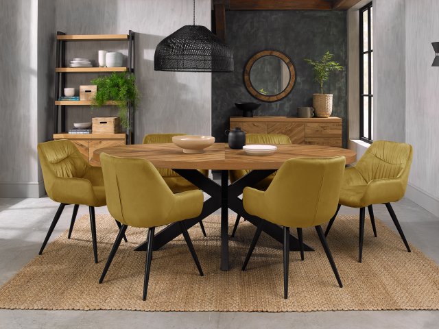Bentley Designs Ellipse Rustic Oak 6 seater dining table with 6 Dali chairs- mustard velvet fabric