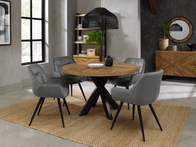 Bentley Designs Ellipse Rustic Oak 4 seater dining table with 4 Dali chairs- grey velvet fabric
