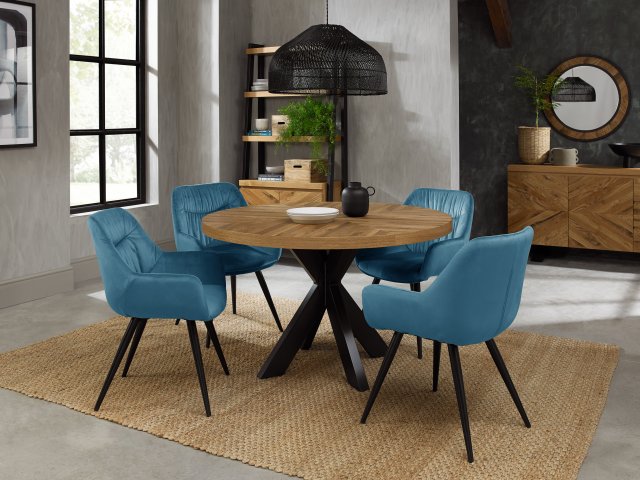 Bentley Designs Ellipse Rustic Oak 4 seater dining table with 4 Dali chairs- petrol blue velvet fabric