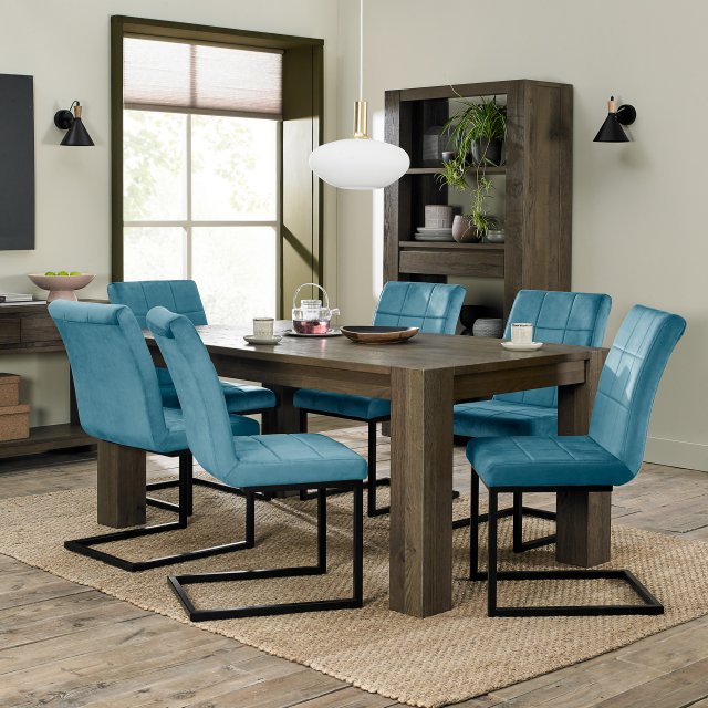 Bentley Designs Logan Fumed Oak 6 Seat Dining Set- 6 Lewis Cantilver Dining Chairs in Petrol Blue Velvet Fabric- feature