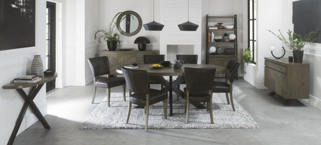 Bentley Designs Ellipse Fumed Oak 6 Seater Dining Table & 6 Logan Fumed Oak Upholstered Chairs- Old West Vintage- lifestyle