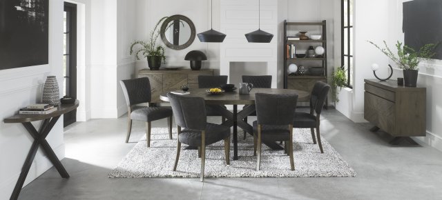 Bentley Designs Ellipse Fumed Oak 6 Seater Dining Table & 6 Logan Fumed Oak Upholstered Chairs- Dark Grey Fabric- lifestyle