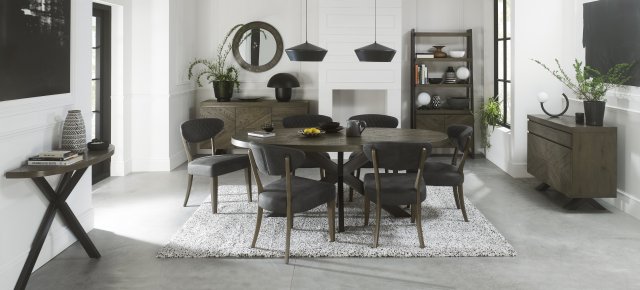 Bentley Designs Ellipse Fumed Oak 6 Seater Dining Table & 6 Ellipse Fumed Oak Upholstered Chairs- Dark Grey Fabric- lifestyle