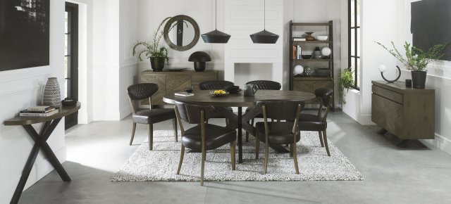 Bentley Designs Ellipse Fumed Oak 6 Seater Dining Table & 6 Ellipse Fumed Oak Upholstered Chairs- Old West Vintage- lifestyle