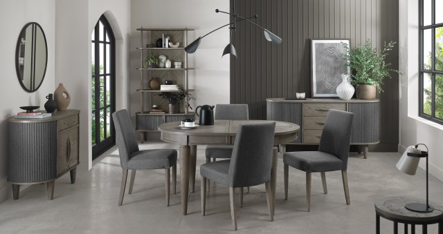 Bentley Designs Monroe Silver Grey 4-6 Seater Dining Table & 4 Monroe Silver Grey Upholstered Chairs- Slate Grey Fabric