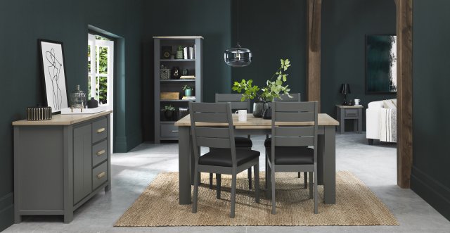 Bentley Designs Oakham Dark Grey & Scandi Oak 4-6 Seater Dining Table & 4 Oakham Dark Grey Chairs-  Dark Grey Bonded Leather-