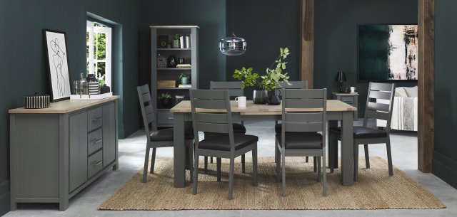 Bentley Designs Oakham Dark Grey & Scandi Oak 6-8 Seater Dining Table & 6 Oakham Dark Grey Chairs-  Dark Grey Bonded Leather-