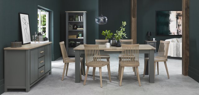 Bentley Designs Oakham Dark Grey & Scandi Oak 6-8 Seater Dining Table & 6 Ilva Spindle Chairs- Scandi Oak- lifestyle