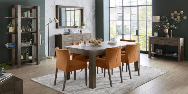 Bentley Designs Turin Dark Oak 6-8 Seater Dining Table & 6 Turin Dark Oak Low Back Upholstered Chairs- Harvest Pumpkin Velvet