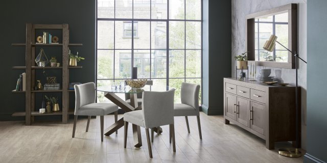 Bentley Designs Turin Dark Oak Circular Glass Table & 4 Turin Dark Oak Low Back Upholstered Chairs- Pebble Grey Fabric- lifes