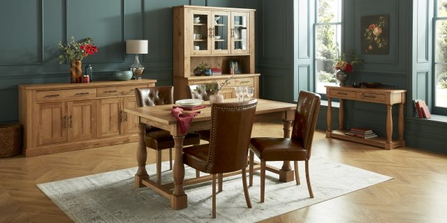 Bentley Designs Westbury Rustic Oak 4-6 Seater Dining Set- 4 Rustic Tan Upholstered Chairs- lifestyle