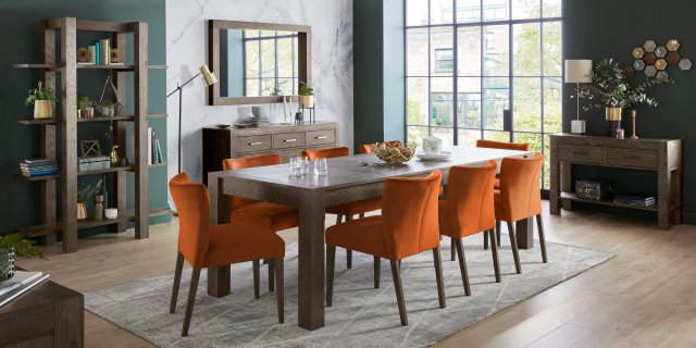 Bentley Designs Turin Dark oak 6-10 Seater Dining Set & 8 Low Back Upholstered Chairs in Harvest Pumpkin Velvet Fabric- featu