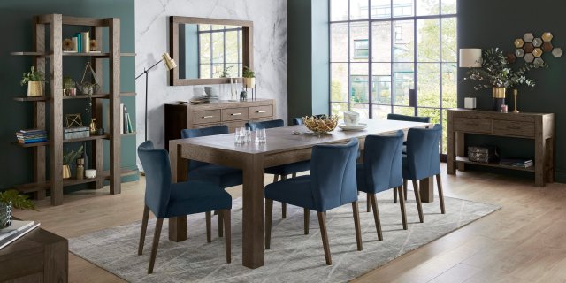 Bentley Designs Turin Dark oak 6-10 Seater Dining Set & 8 Low Back Upholstered Chairs in Dark Blue Velvet Fabric- feature