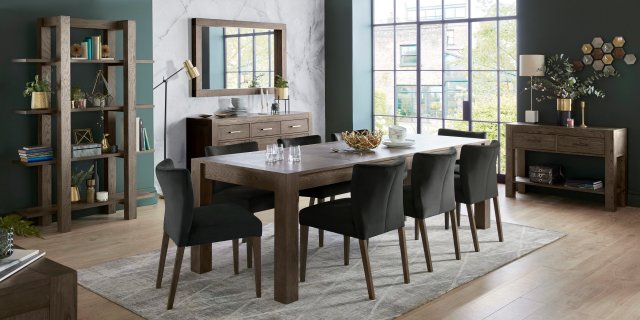 Bentley Designs Turin Dark oak 6-10 Seater Dining Set & 8 Low Back Upholstered Chairs in Gun Metal Velvet Fabric- feature