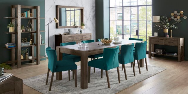 Bentley Designs Turin Dark oak 6-10 Seater Dining Set & 8 Low Back Upholstered Chairs in Sea Green Velvet Fabric- feature