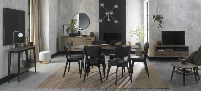 Bentley Designs Vintage Weathered Oak 6 Seater Dining Set & 6 Peppercorn Uph Back Chairs- Dark Grey Fabric- feature