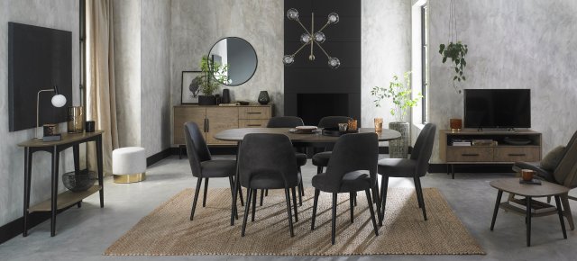Bentley Designs Vintage Weathered Oak 6 Seater Dining Set & 6 Peppercorn Uph Chairs- Dark Grey Fabric- feature