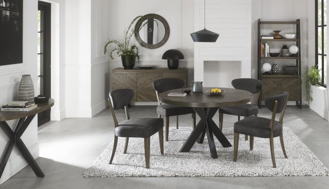 Bentley Designs Ellipse Fumed Oak 4 Seater Dining Set & 4 Uph Chairs- Dark Grey Fabric- feature