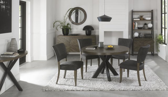 Bentley Designs Ellipse & Logan Fumed Oak 4 Seater Dining Set & 4 Uph Chairs- Dark Grey Fabric- feature