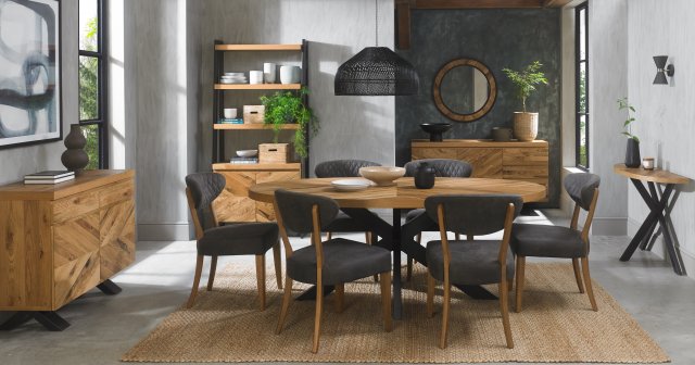 Bentley Designs Ellipse Rustic Oak 6 Seater Dining Set & 6 Uph Chairs- Dark Grey Fabric- feature