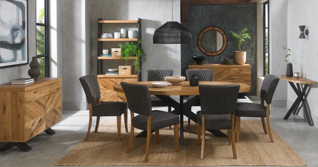 Bentley Designs Ellipse & Logan Rustic Oak 6 Seater Dining Set & 6 Uph Chairs- Dark Grey Fabric- feature