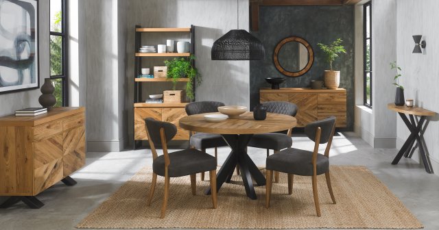 Bentley Designs Ellipse Rustic Oak 4 Seater Dining Set & 4 Uph Chairs- Dark Grey Fabric- feature