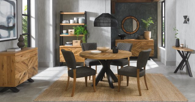 Bentley Designs Ellipse & Logan Rustic Oak 4 Seater Dining Set & 4 Uph Chairs- Dark Grey Fabric- feature