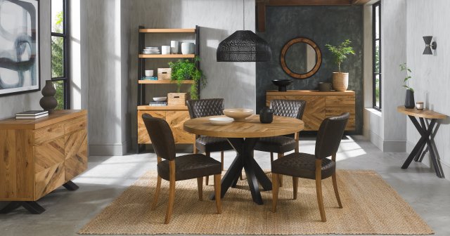 Bentley Designs Ellipse & Logan Rustic Oak 4 Seater Dining Set & 4 Uph Chairs- Old West Vintage- feature