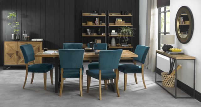 Bentley Designs Indus Rustic Oak 6-8 Seater Dining Set & 6 Rustic Uph Chairs- Sea Green Velvet Fabric- feature